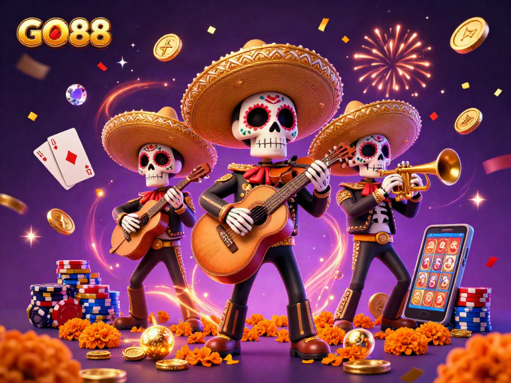 Experience GO88’s vibrant casino atmosphere with a lively mariachi band celebrating amidst cascading gold coins and gaming fun.