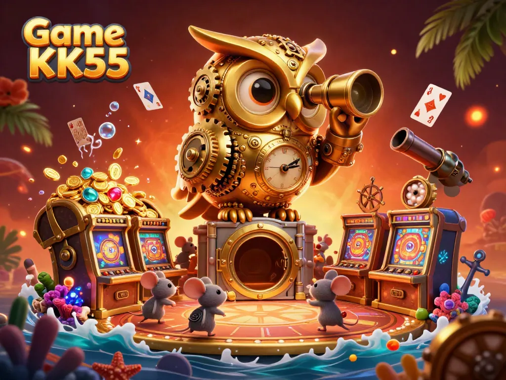 Experience the excitement of Game KK55 with a dynamic casino scene showcasing vibrant 3D characters amidst rich gaming elements.