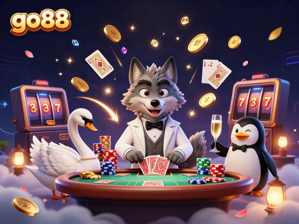 Spin the excitement with go88, where a debonair wolf and elegant characters engage in high-stakes casino action!