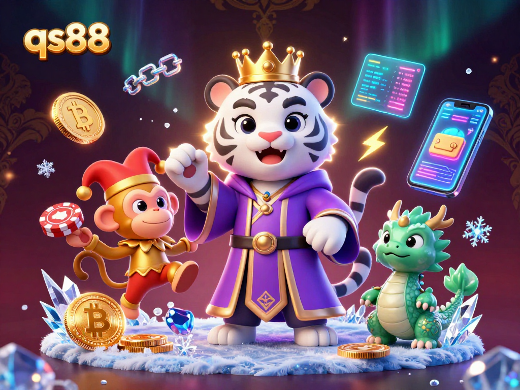 Engage with qs88's vibrant casino experience featuring a white tiger and playful monkey amid crypto symbols.