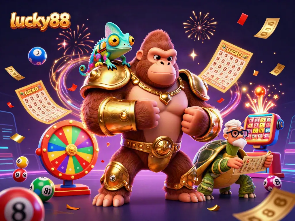 Spin the reels with lucky88 in this vibrant casino-themed illustration showcasing exciting gambling elements.