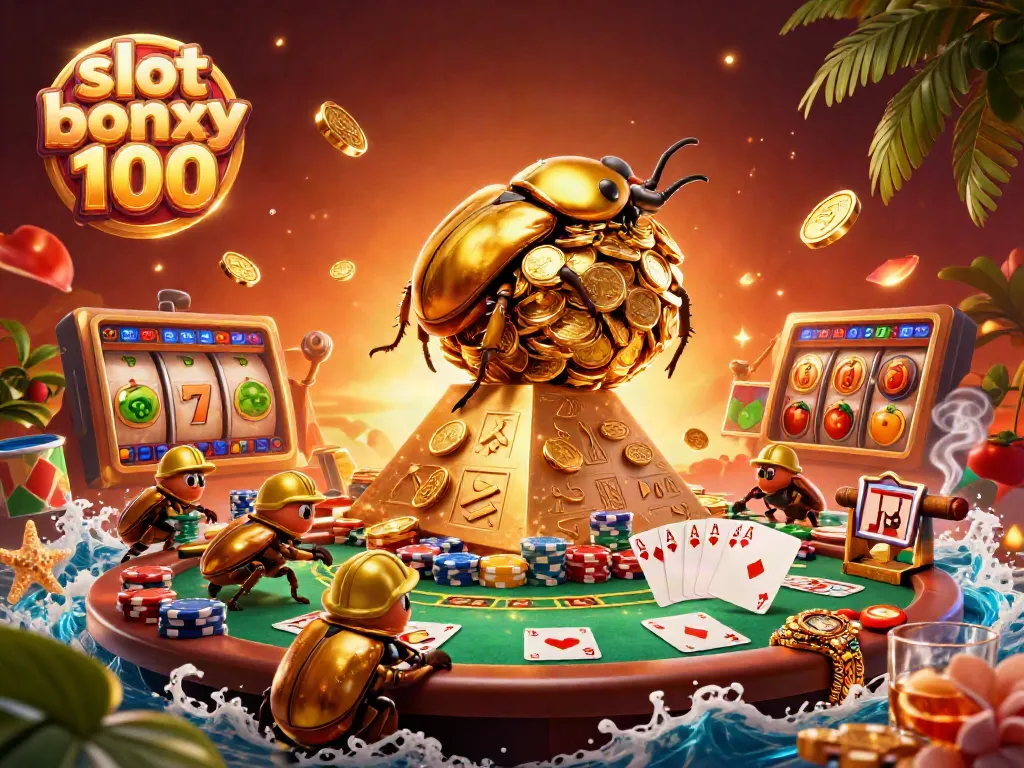 Experience thrilling excitement with slot bonus 100 as golden dung beetles roll in riches amidst vibrant casino symbols.