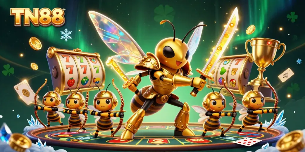Experience the thrill of TN88 at the casino with a vibrant 3D illustration of a hornet hero surrounded by gaming elements.