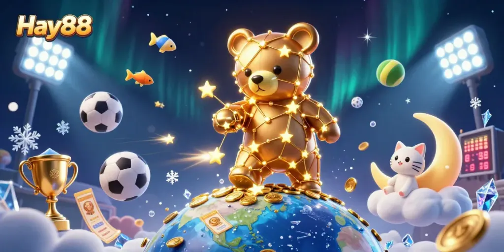 Engage with winning strategies at Hay88 as the cosmic bear collects prizes among vibrant sports elements.