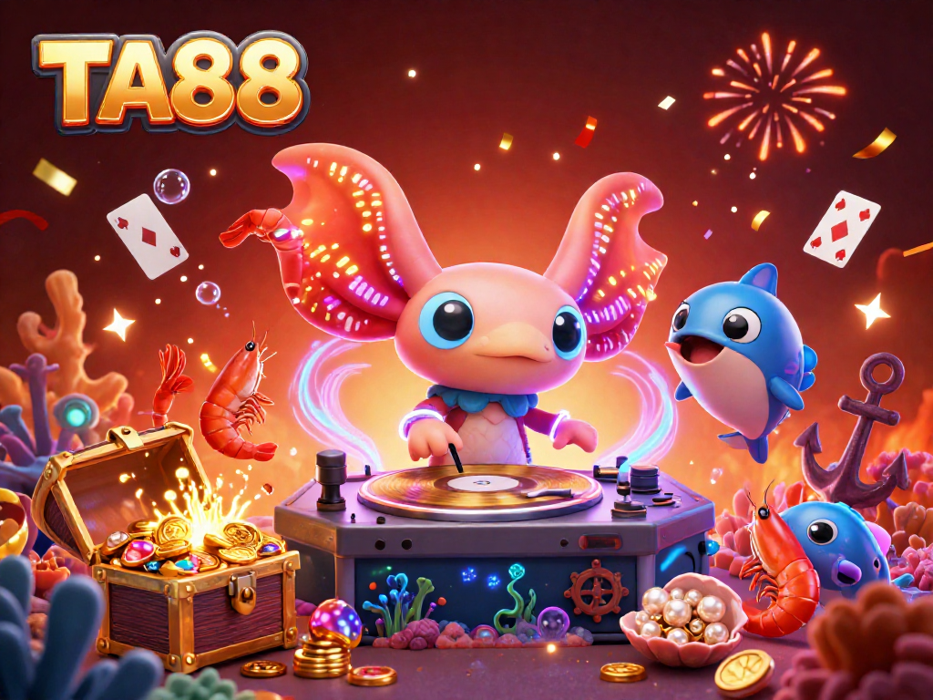Experience TA88 with a vibrant underwater casino scene featuring a neon axolotl DJ and treasure-filled games.