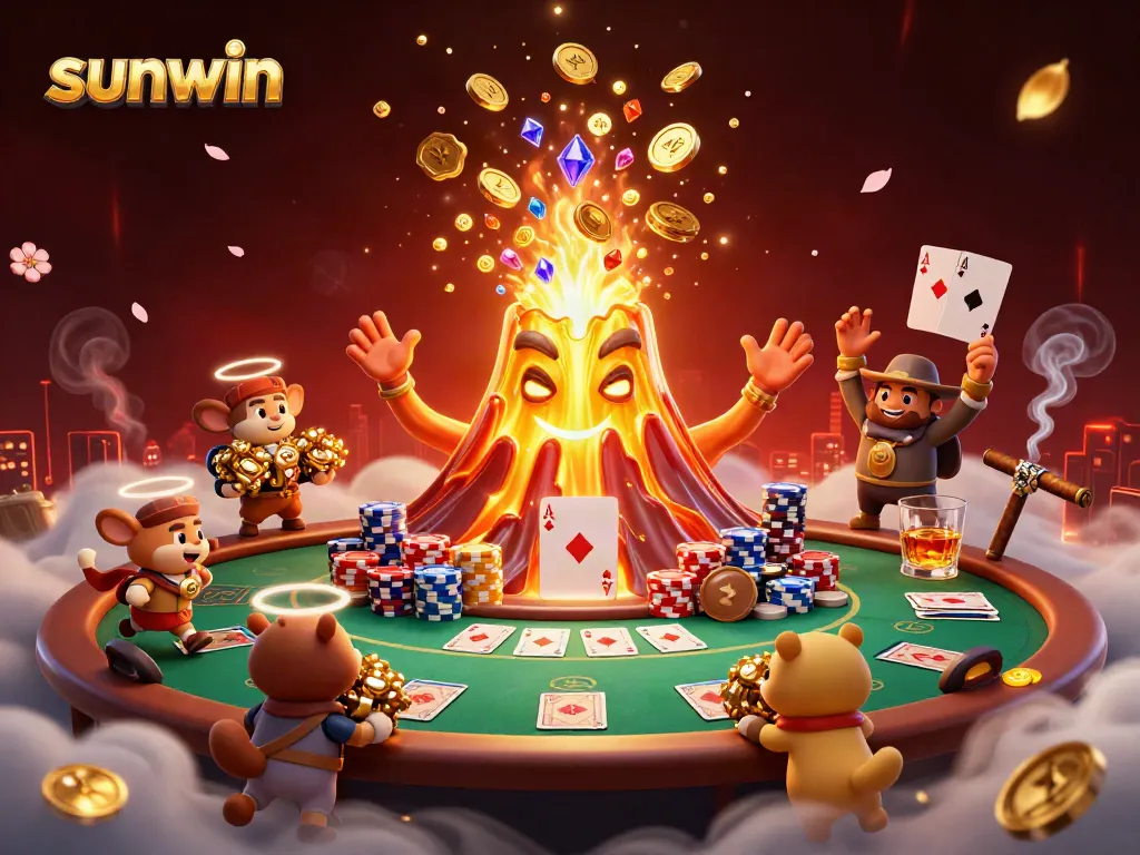 Win big with sunwin at an exciting casino scene featuring a golden volcano and poker elements.