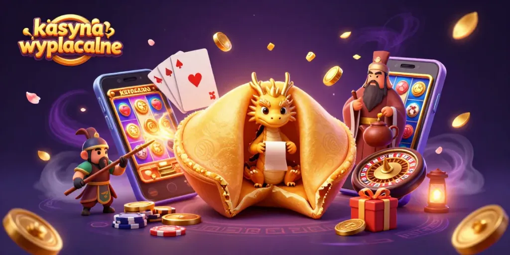 Engage with kasyna wyplacalne through a vibrant 3D illustration of a fortune cookie scene with gaming elements.