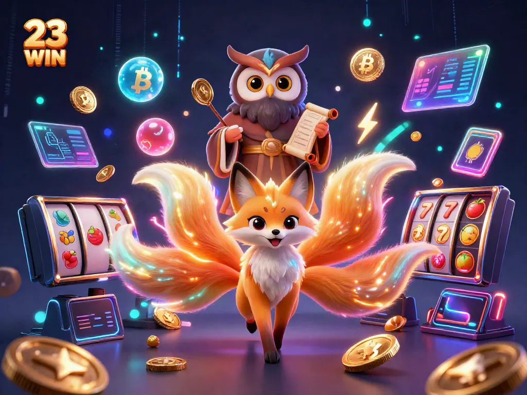 Experience the thrilling action at 23 WIN with vibrant spirits and neon game elements in an enchanting casino setting.