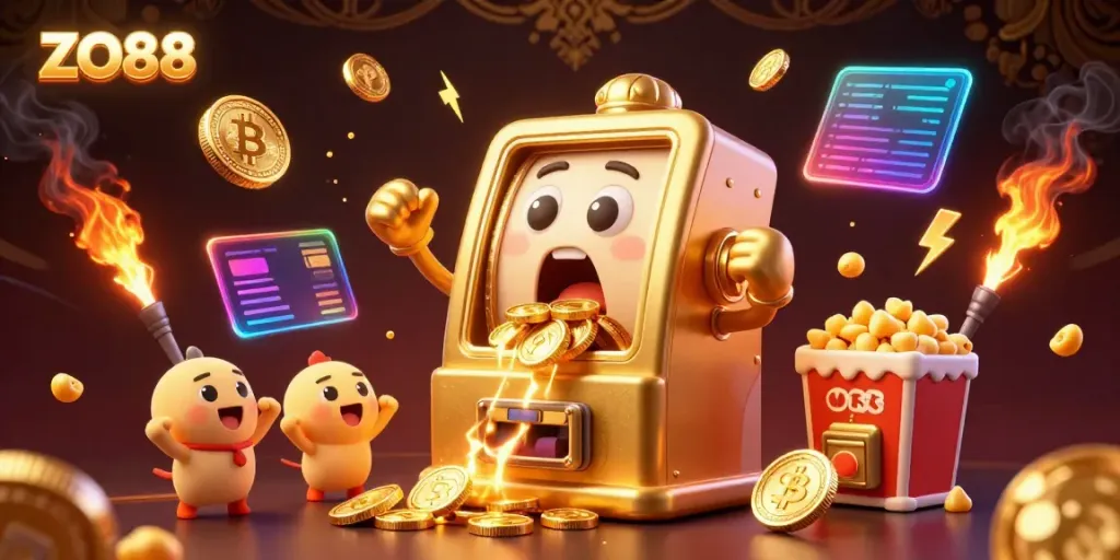 Experience the excitement of winning with ZO88's gold slot machine, surrounded by celebratory elements and crypto coins.