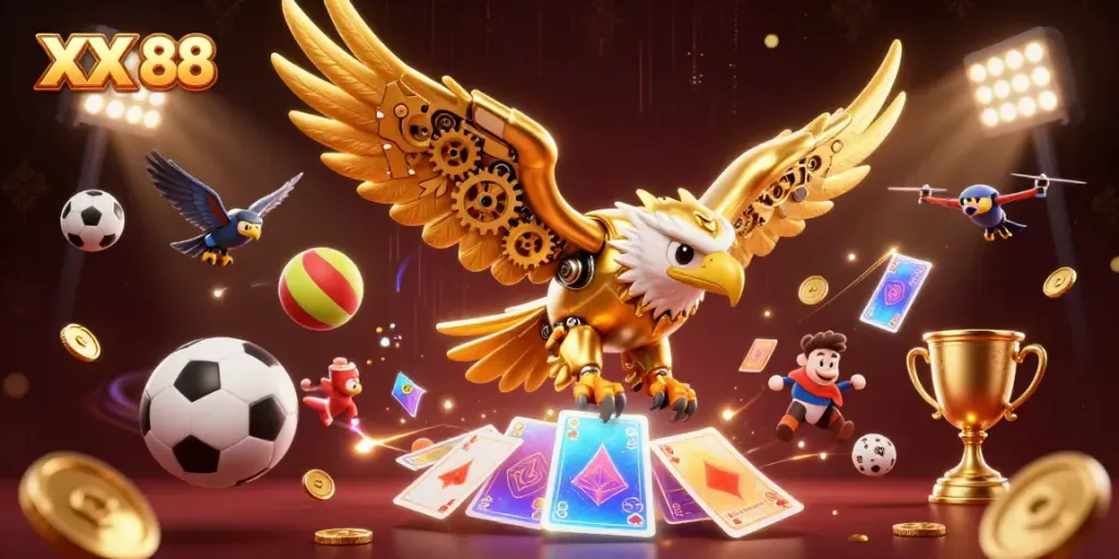 Engage in thrilling gameplay at XX 88 with a dynamic illustration of a cybernetic eagle amidst flying sports elements and holographic cards.