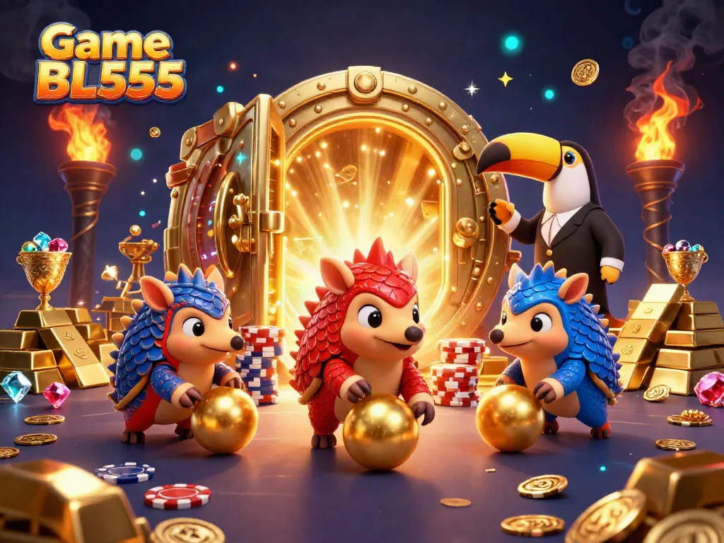 Game BL555 features dynamic action with animated pangolins competing in a colorful casino setting.