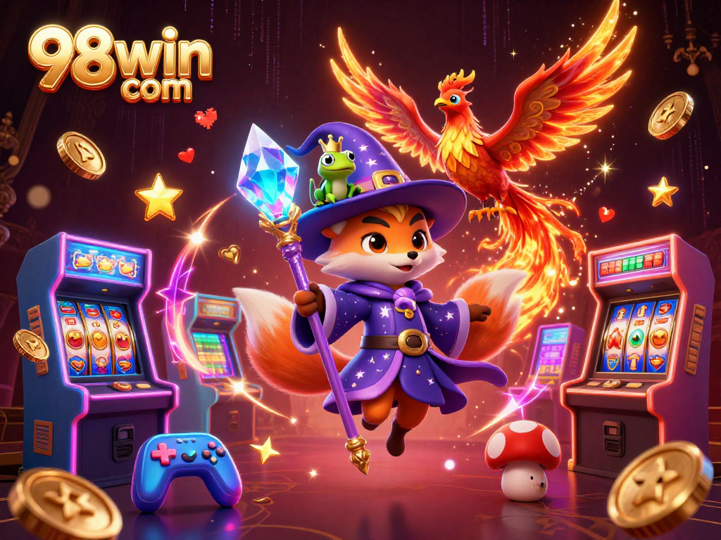 Play at 98win com with an enchanting wizard fox and vibrant casino elements surrounding a magical scene.