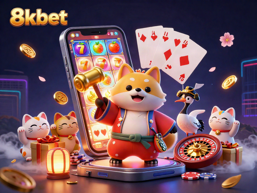 Engage with 8xbet’s exciting games in this vibrant and colorful illustration featuring casino icons.