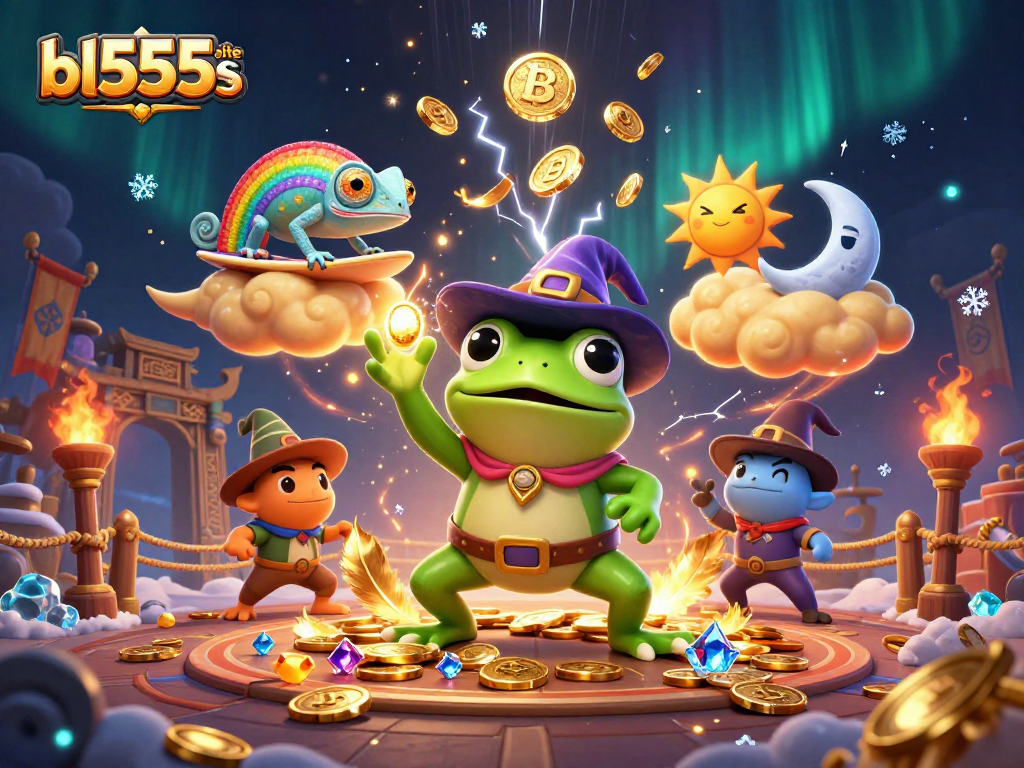 Win at bl555site with golden coins raining from a storm wizard frog illustration.
