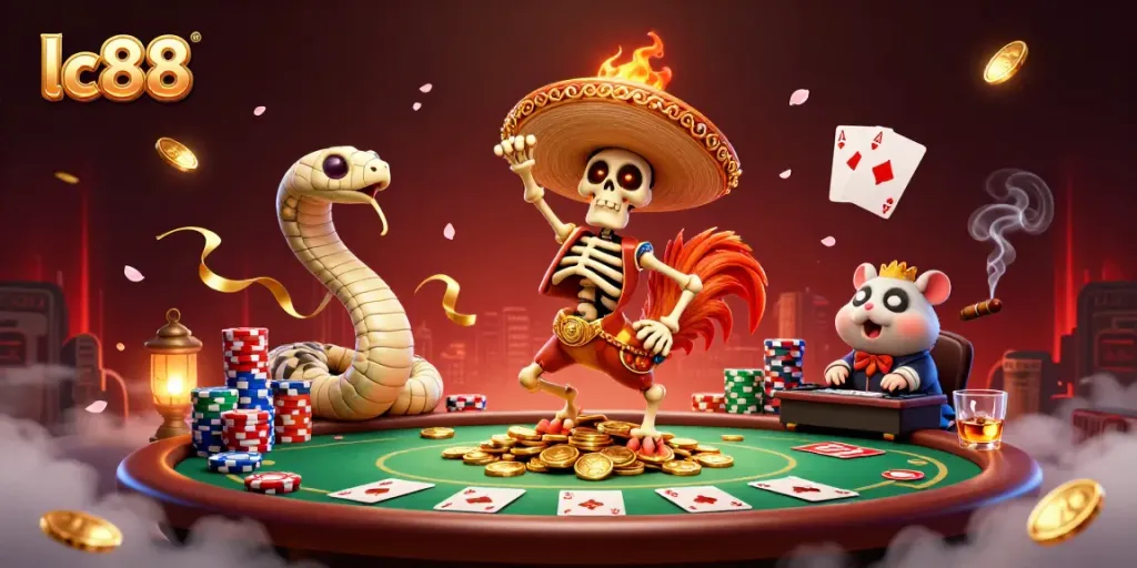 Experience the excitement at lc88 with a lively casino scene featuring engaging characters!