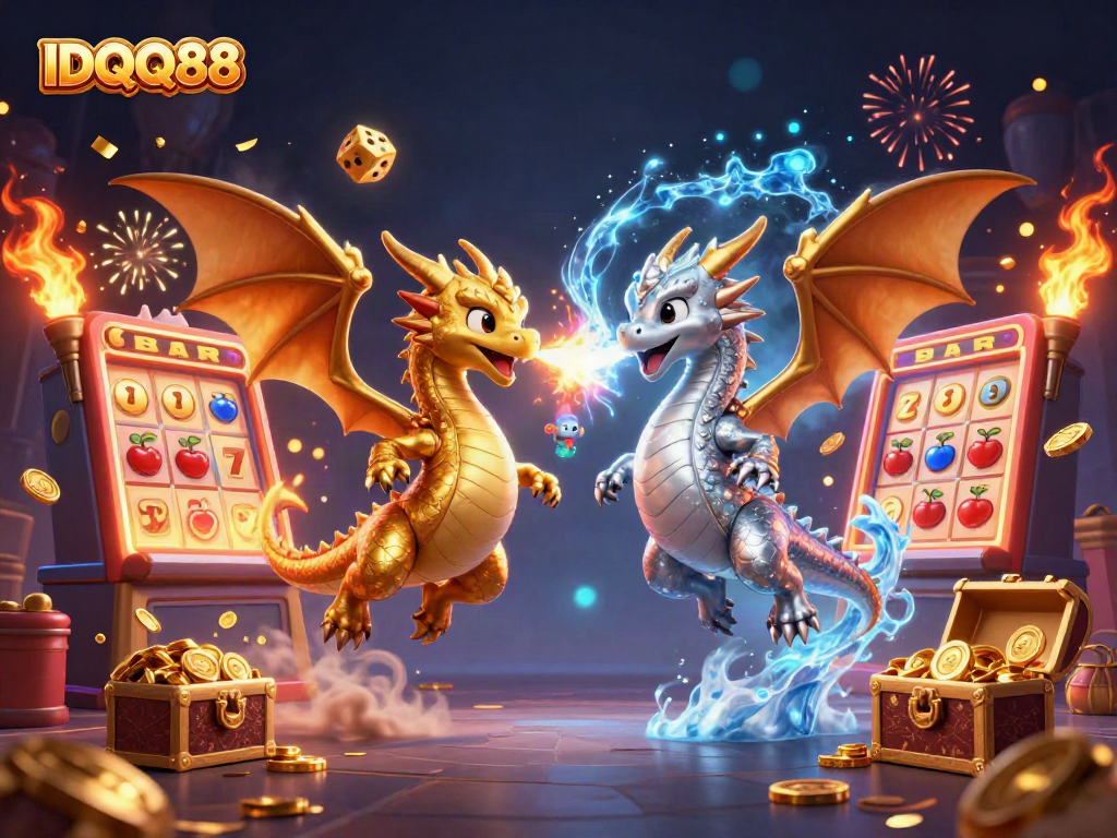 Experience thrilling excitement with IDQQ88 as twin dragons ignite the casino realm with fire and ice.