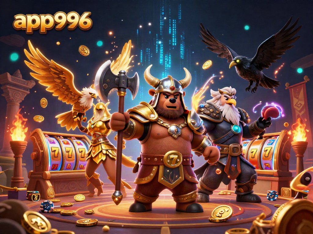 Experience thrilling wins with app996 in this vibrant 3D casino scene featuring Viking characters.