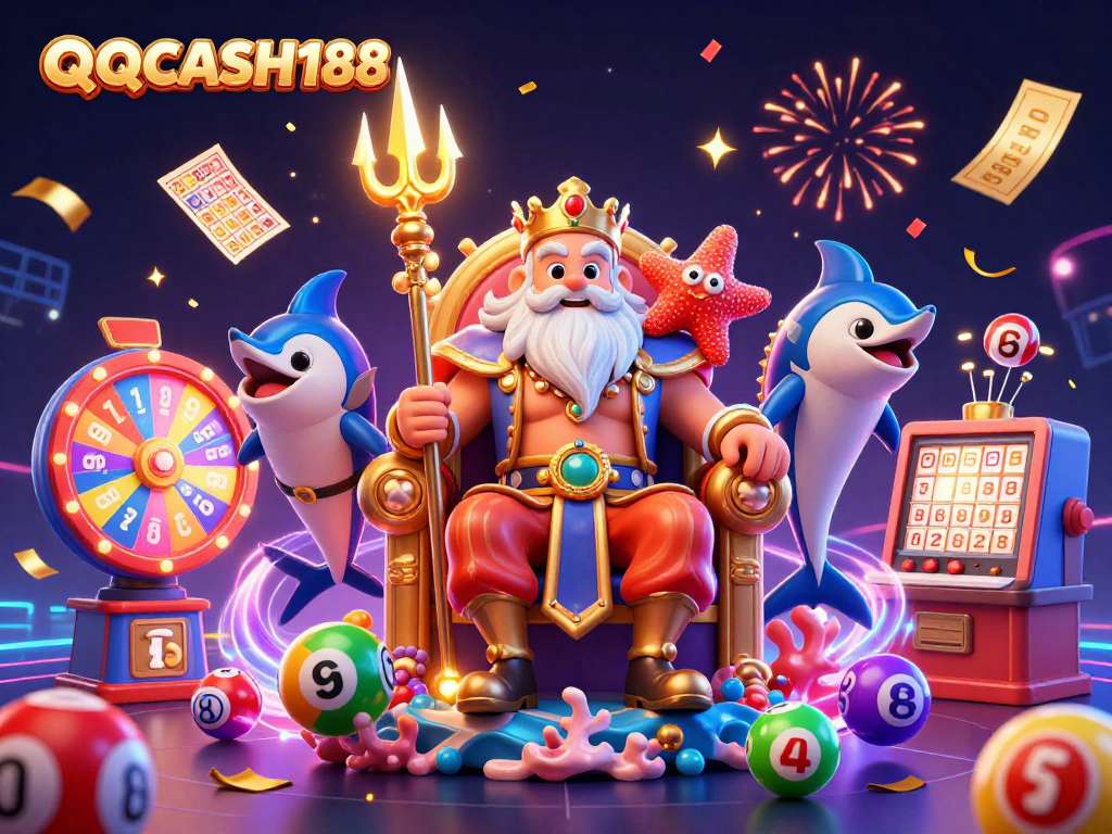 Win big with QQCASH188 in a vibrant casino-themed illustration featuring Neptune and prize elements.