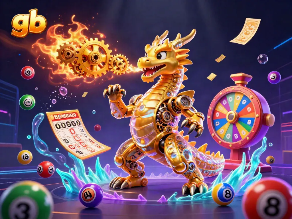 Experience the dynamic action in gb with a golden dragon and lottery elements in a vibrant casino scene.