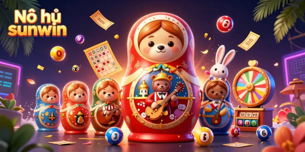 Experience the excitement of Nổ hũ sunwin with colorful lottery elements and playful casino characters.