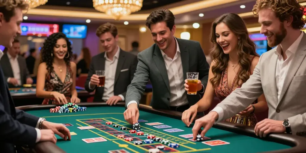 Teman merayakan kemenangan di meja roulette di Situs Toto dengan suasana kasino yang meriah.