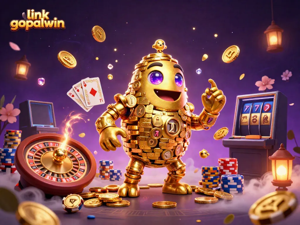 Spin the reels and win with link gopalwin, featuring a golden golem surrounded by casino elements.