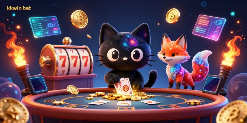 Engage with kkwin bet at a cosmic casino with a playful black hole cat pulling in jackpots.