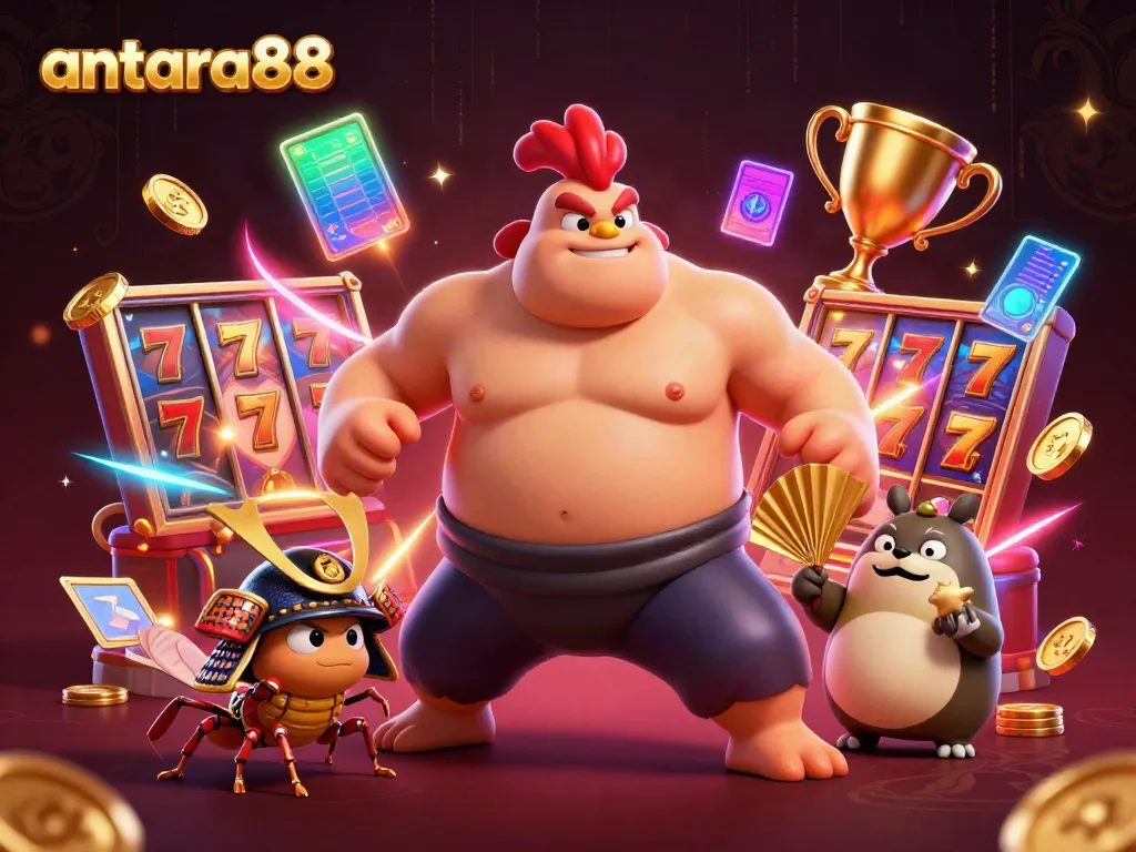 Experience excitement with antara88 through an engaging 3D illustration featuring slot reels and vibrant characters.