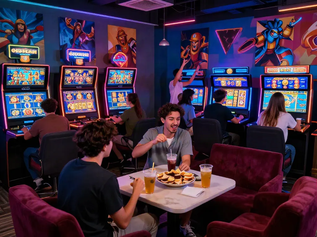 Lumbung88 gaming scene with friends enjoying slot games in a vibrant atmosphere.