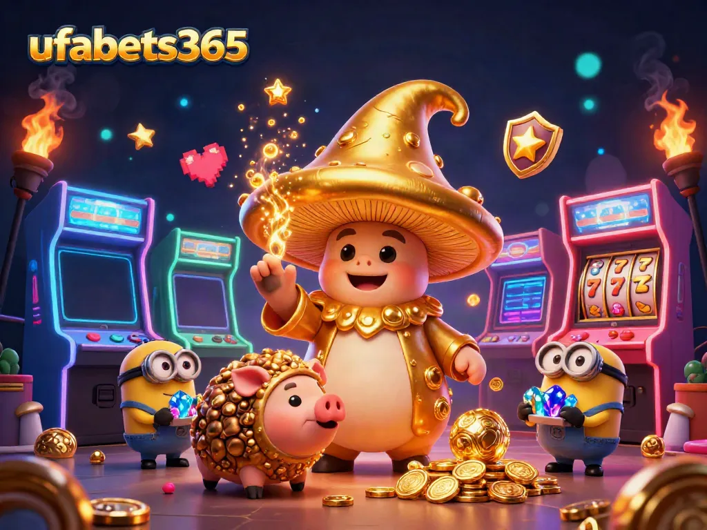 Experience the thrill of ufabets365 magic with golden mushroom wizard, pig, and gaming excitement.