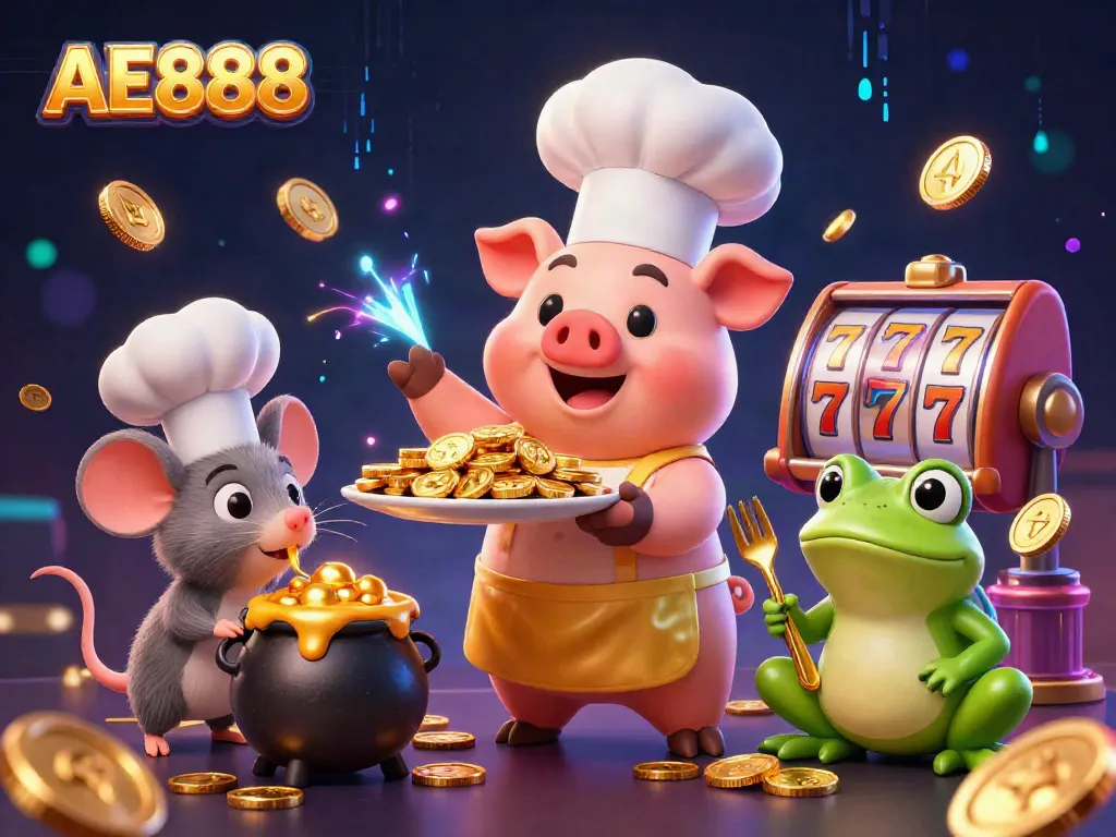 Chef pig serves gold coins in a lively AE888 casino scene with vibrant animations.