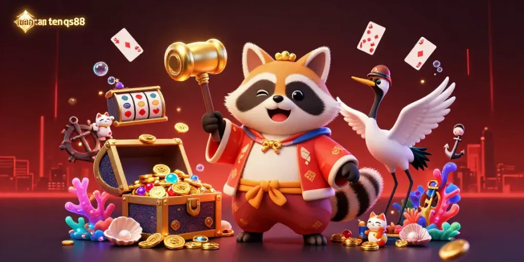 Experience the excitement of nap tien qs88 with vibrant characters and dynamic casino-themed elements in this digital illustration.
