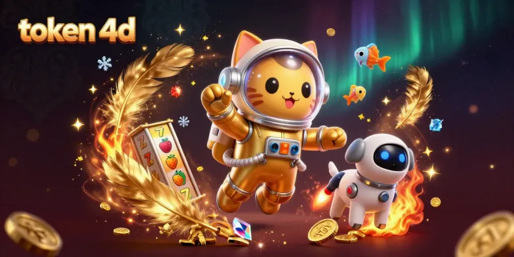 Menghadapi tantangan bermain token 4d dengan karakter kucing astronot dan anjing robot di latar kasino.