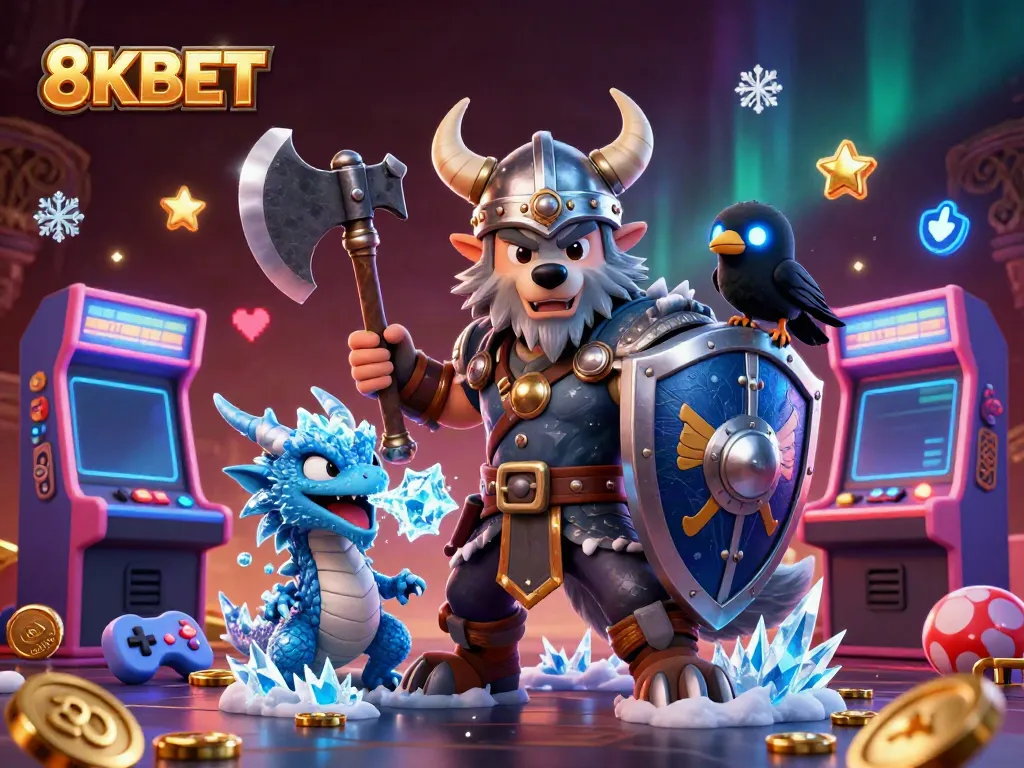 Experience epic gameplay action with 8KBET, a Viking warrior fighting alongside a dragon.
