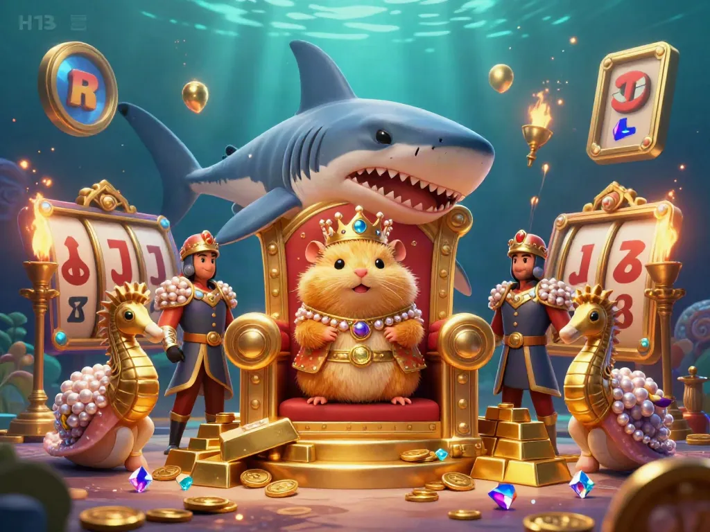 Experience H13's online gaming luxury with a vibrant 3D scene of a dazzling treasure throne.
