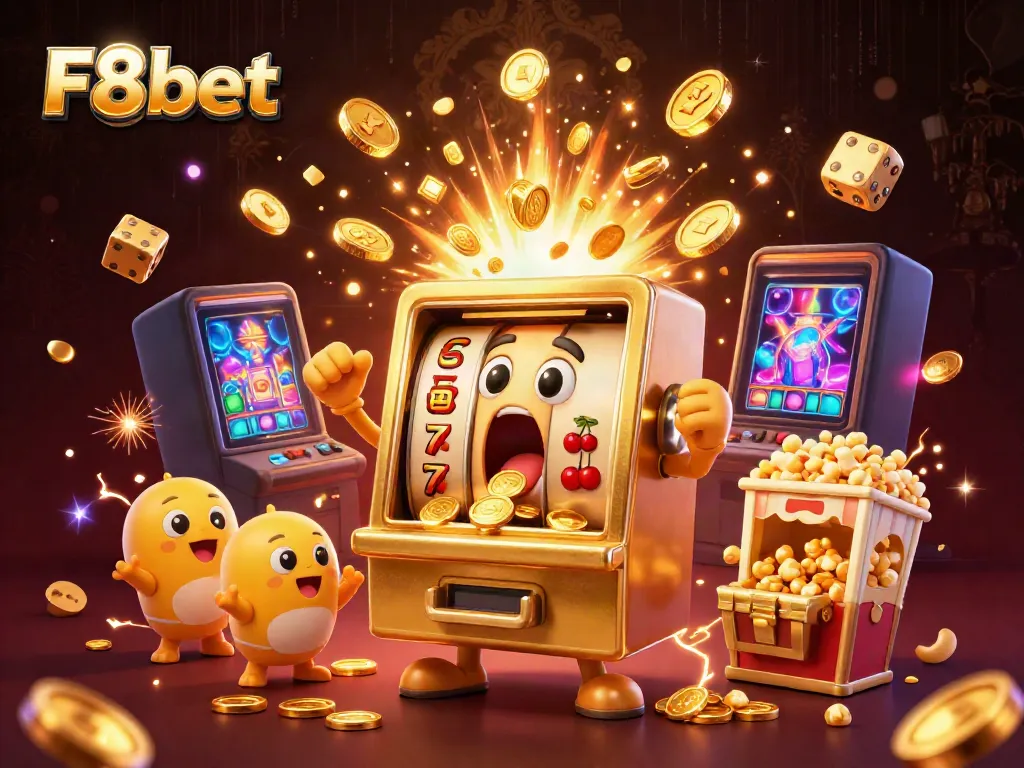 Experience wins with F8bet in a vibrant slot machine celebration, showcasing excitement and action.