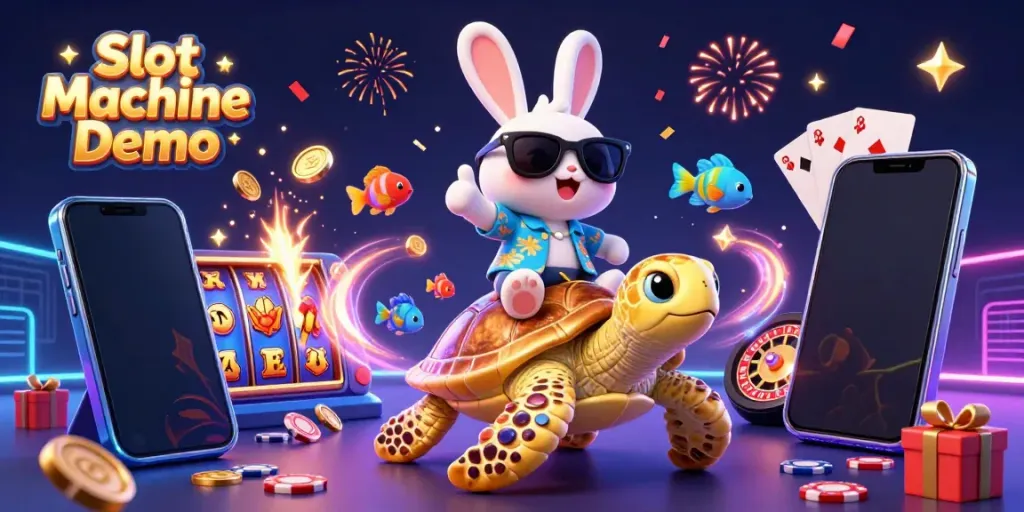 Engage in the Slot Machine Demo with an exciting 3D rabbit and turtle amidst vibrant gameplay elements.