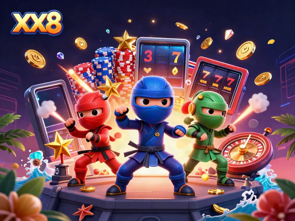 Experience thrilling action with the XX8 chameleon ninja team amidst cascading coins and spinning roulette.