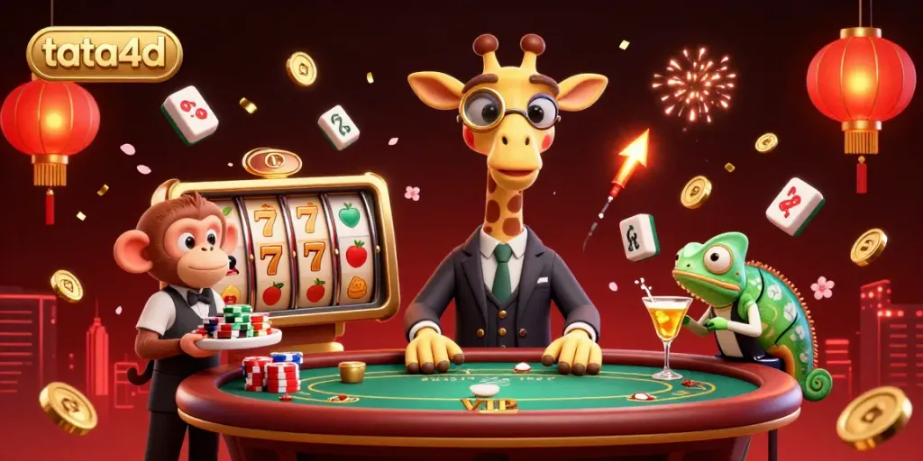 Experience fast-paced gaming action with tata4d's vibrant 3D casino scene showcasing high-roller characters and rich details.