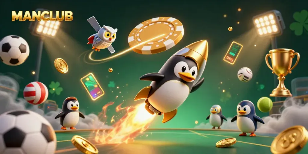 Experience MANCLUB excitement as the golden penguin races towards a vibrant casino themed space!