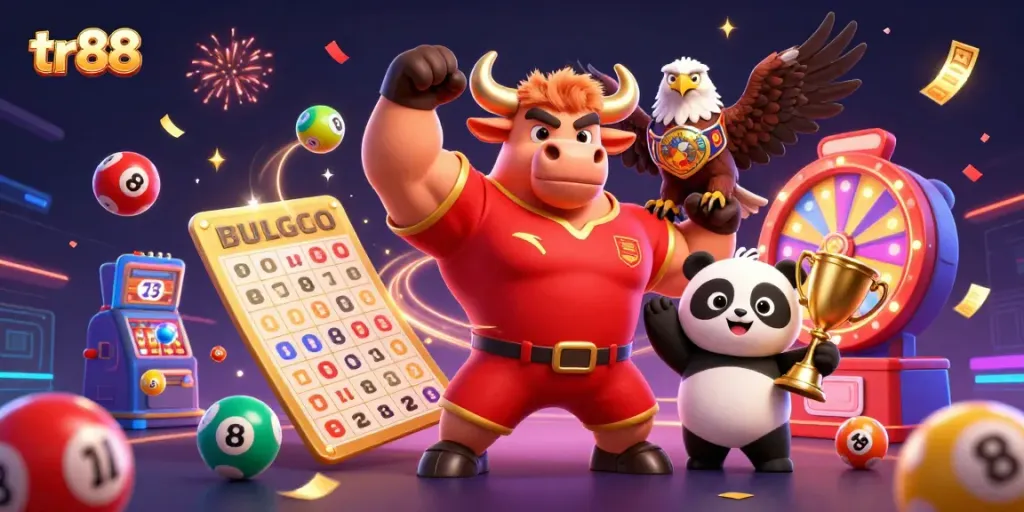 Experience the thrill of winning at tr88 with vibrant casino characters celebrating around a golden trophy.