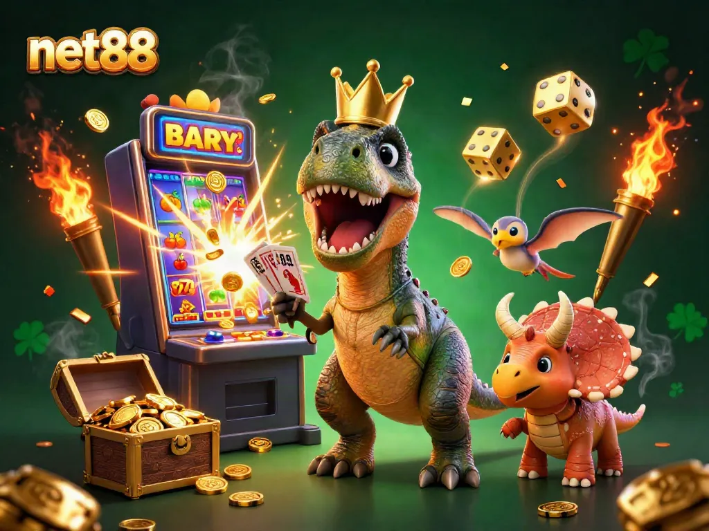 Experience the excitement of net88 with a friendly T-Rex shuffling cards in a vibrant casino scene.