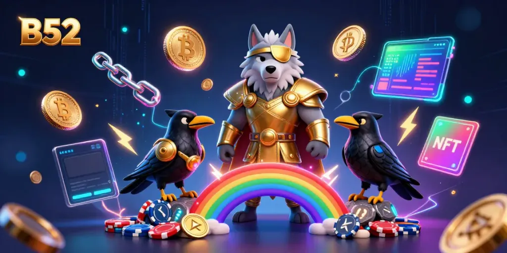 Engage in thrilling B52 casino adventures with blockchain-themed characters and elements.