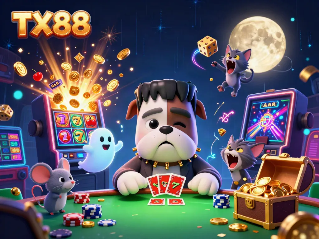 TX88 celebrates gaming excitement with a vibrant 3D scene featuring Frankenstein bulldog and friends.