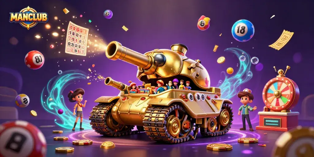 Engage with MANCLUB's vibrant casino atmosphere featuring a golden beetle tank and festive elements.