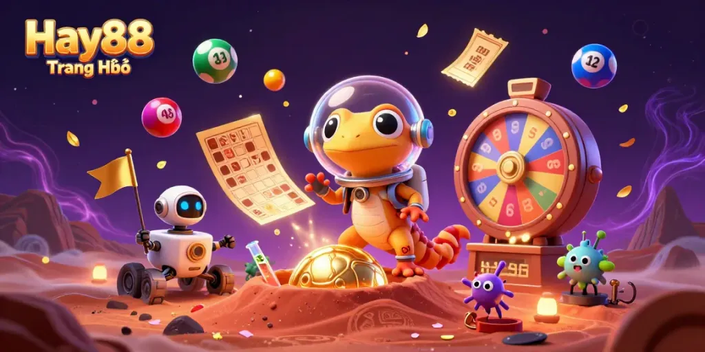 Experience excitement with Hay88 Trang Chủ while a Martian gecko explores a golden casino on Mars.