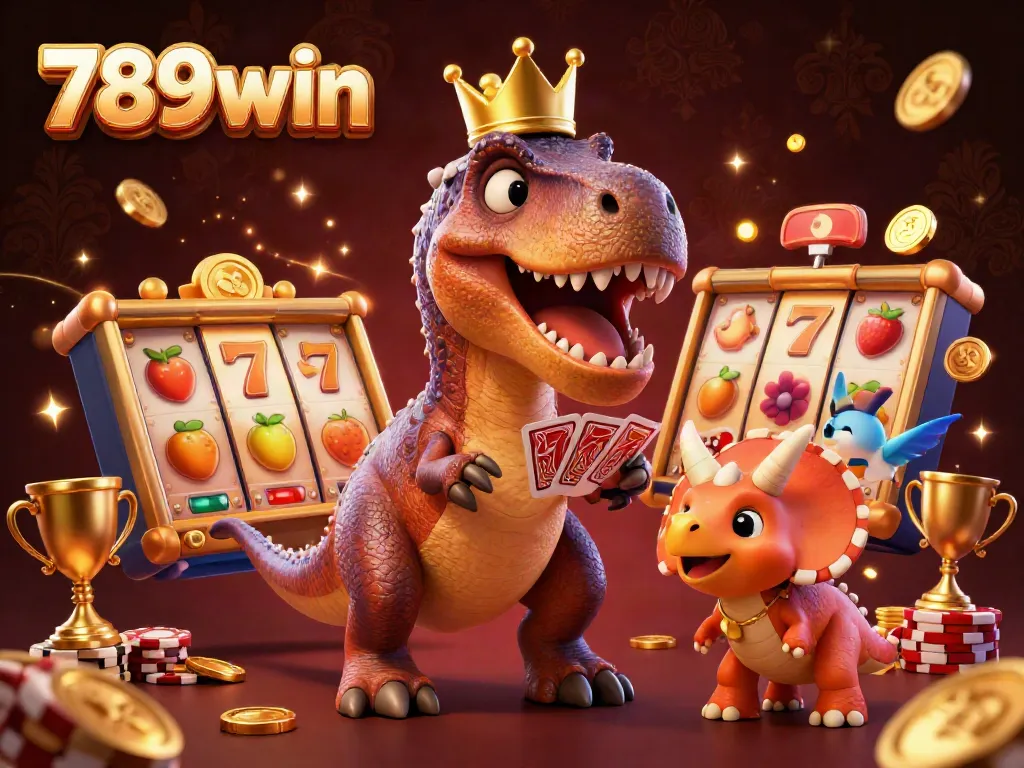 Experience thrilling slots with 789win featuring a T-Rex dealing cards and a triceratops stacking chips.