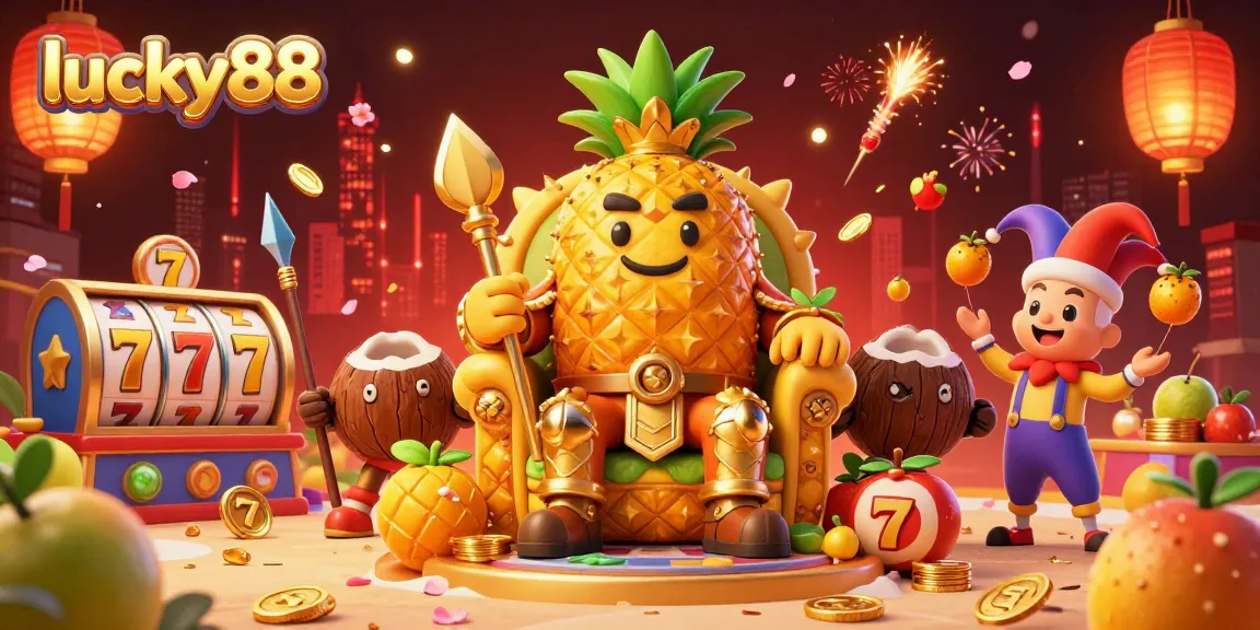 Lucky88 slot scene featuring a golden pineapple king, playful jester, and dynamic casino elements like slot reels and gold coins.