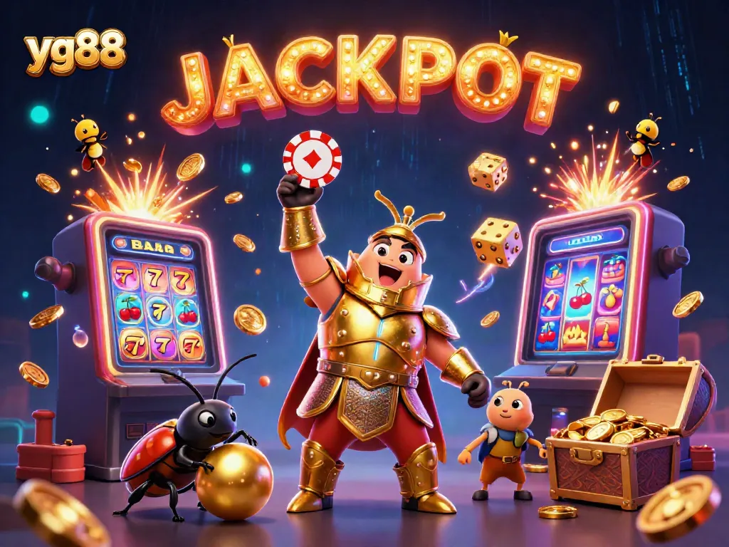 Experience the thrill of yg88 with a victorious beetle character amidst vibrant casino elements.