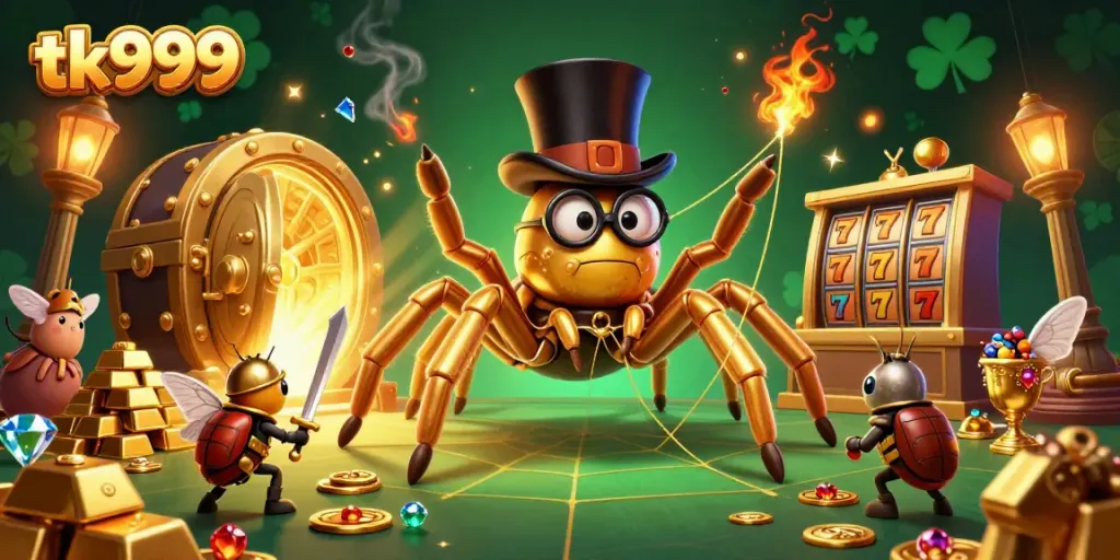 Experience the captivating tk999 casino world with a golden tarantula, beetle knight, and treasure elements.